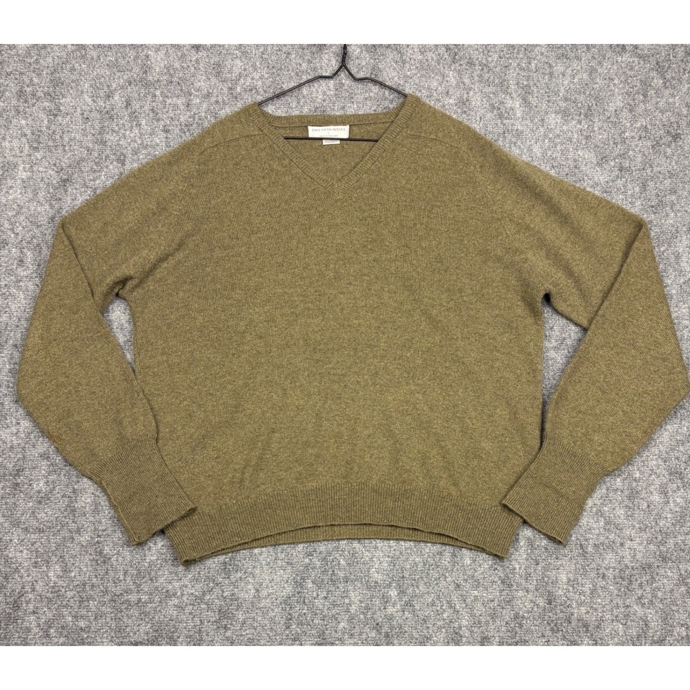 Saks Fifth Avenue Mens Large Cashmere V-Neck Sweater Olive Green Made in England